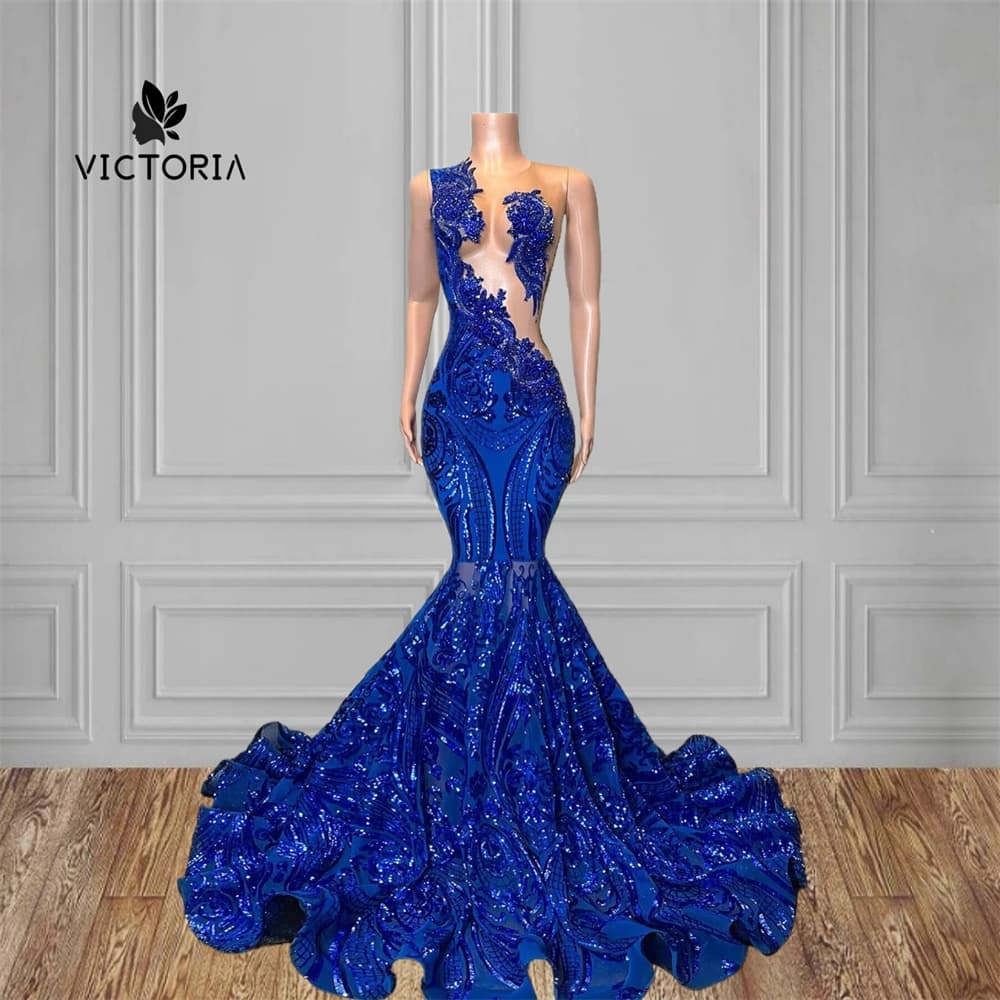 See Thru King Blue Sequined Lace Mermaid Prom Dresses Black Girls Mesh Sleeveless Luxury Evening Dress Wedding Party Customized