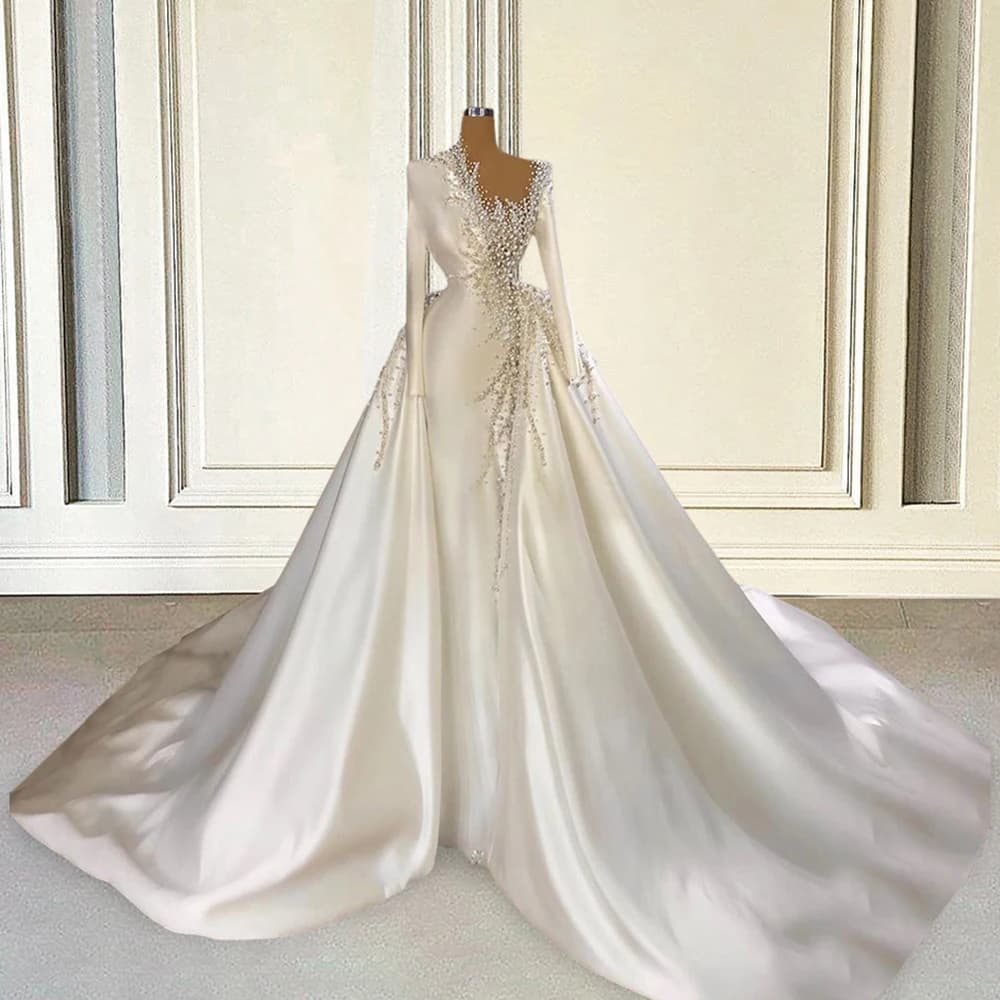 High Quliaty Satin Wedding Dresses Dubai 2023 Luxury Pearls Beads with Sleeves Long Train African Bride Bridal Gowns Plus Size