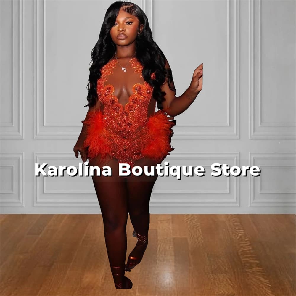 Orange Feathers Mini Cocktail Prom Dresses 2025 For Blackgirls Beaded Crystal Rhinestones Homecoming Baddie Dresses Customized