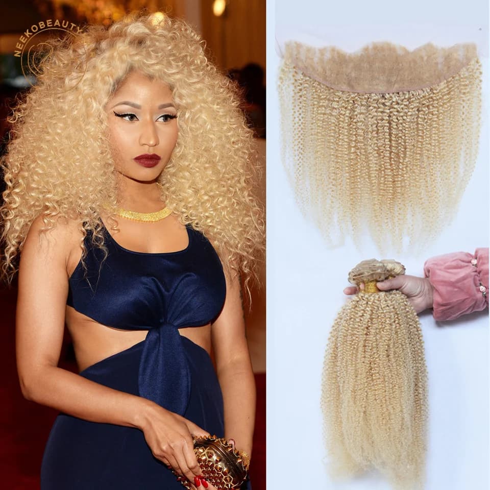 Blonde Human Hair Extension Bundles with Lace Frontal Curly Brazilian Color #613 Hair Wefts 4C Afro Kinky Curly Hair