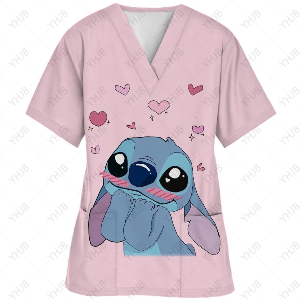 Nurse Uniform Women's Solid Color Disney Stitch Printed Top Uniform Short Sleeve Pocket Medical Female Nurse Uniform