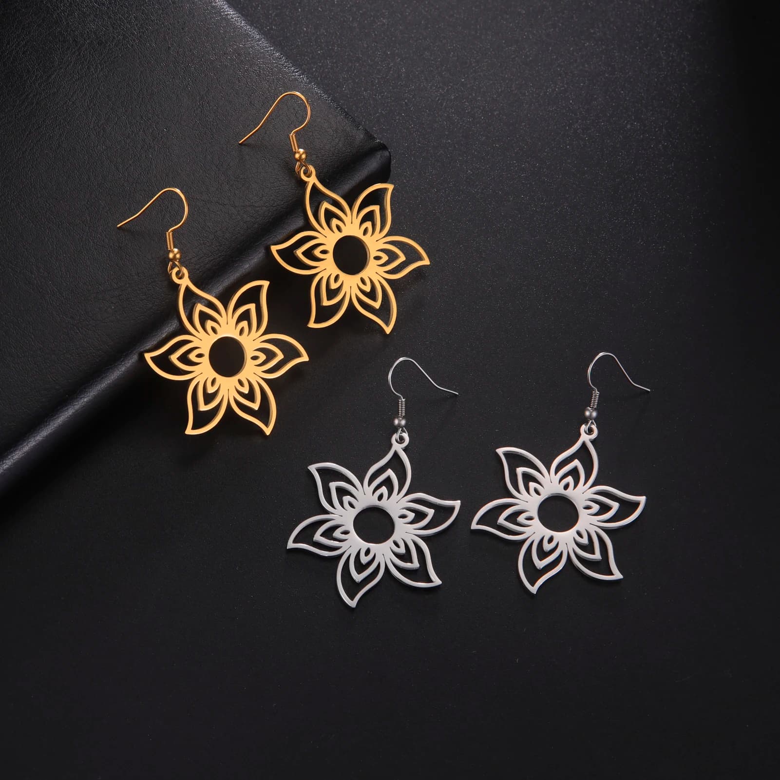 Skyrim Large Flower Drop Earrings Women Girls Stainless Steel Gold Color Dangle Earrings Bohemian Jewelry Wedding Gift New In