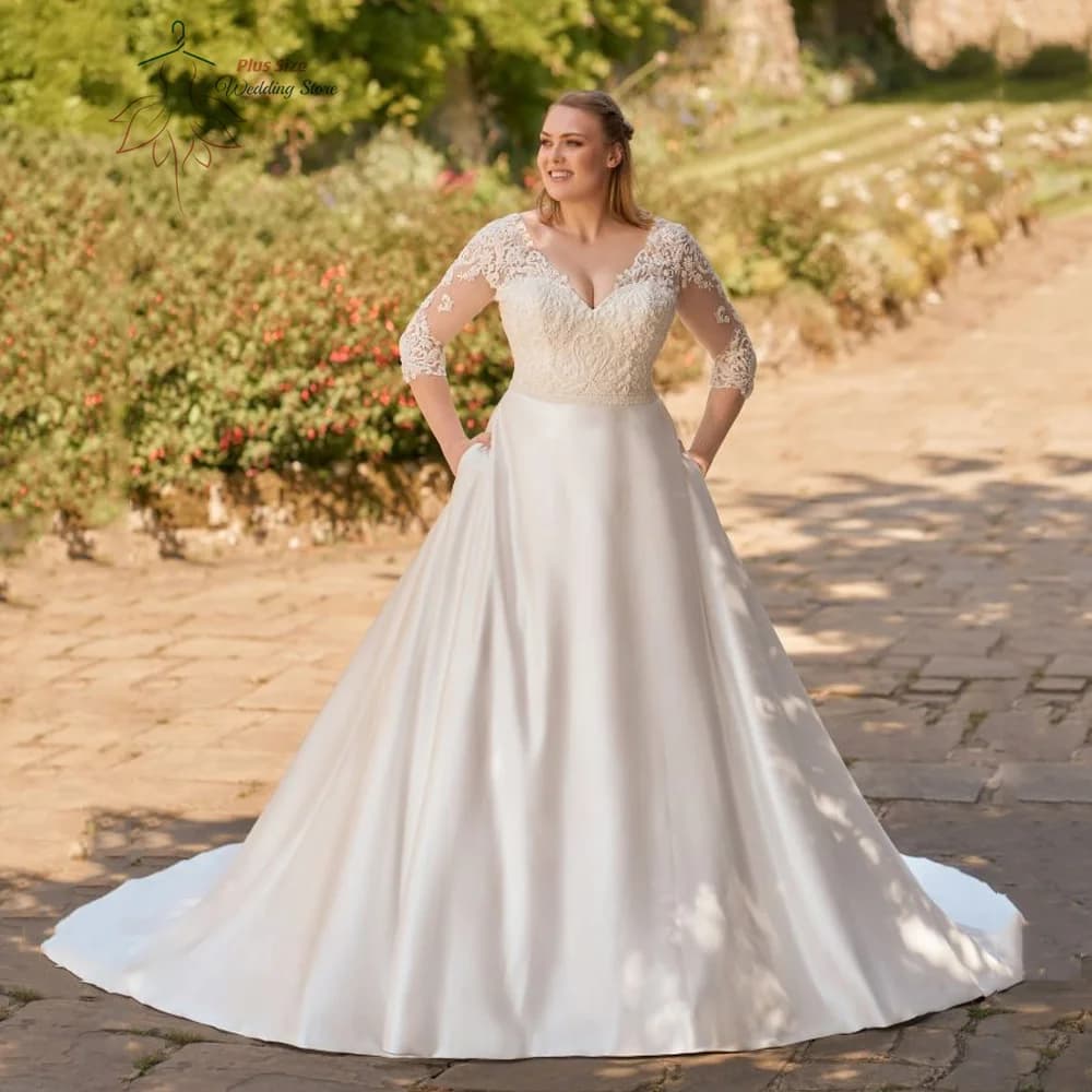 Classic Wedding Dresses 2023 Plus Size V-Neck 3/4 Sleeves Bride Gowns Back Lace-up Lace Applique A-Line Satin Robe De Mariage