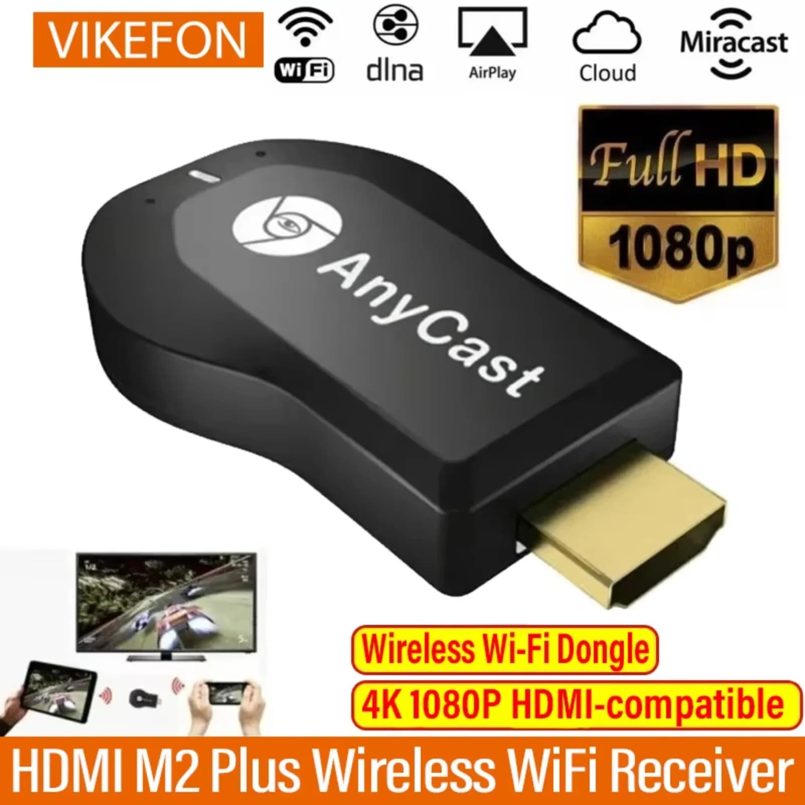 VIKEFON 4K 1080P M2 Plus Wireless WiFi Display HDMI-Compatible TV Dongle Receiver for DLNA Airplay Miracast for AnyCast for IOS