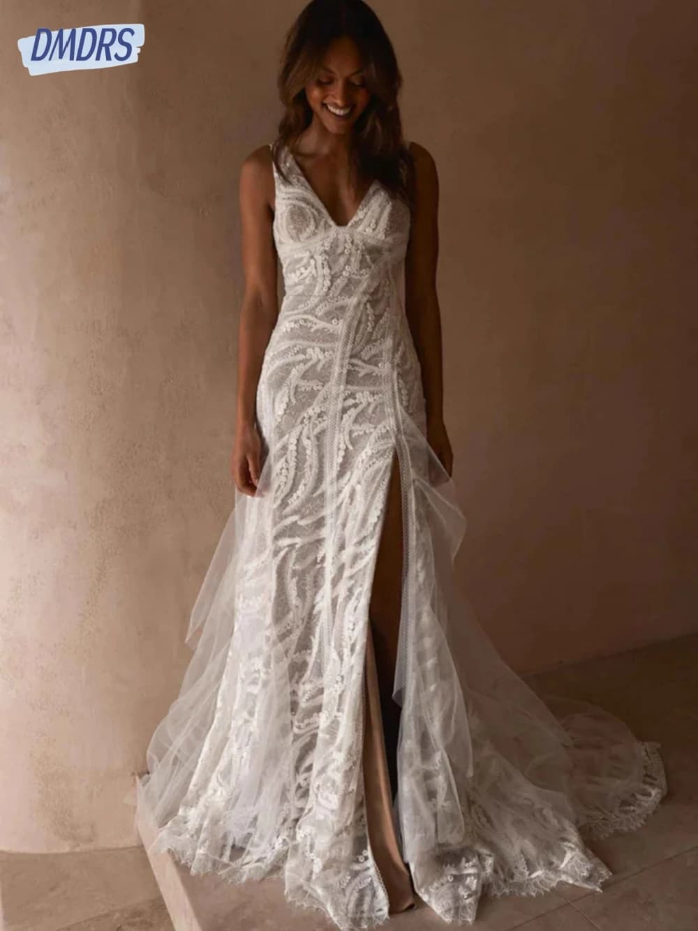 Beach Deep V-neck Wedding Dress Lace Appliques Backless Customized For Bride Elegant Floor-length Bridal Gown Vestido De Novia