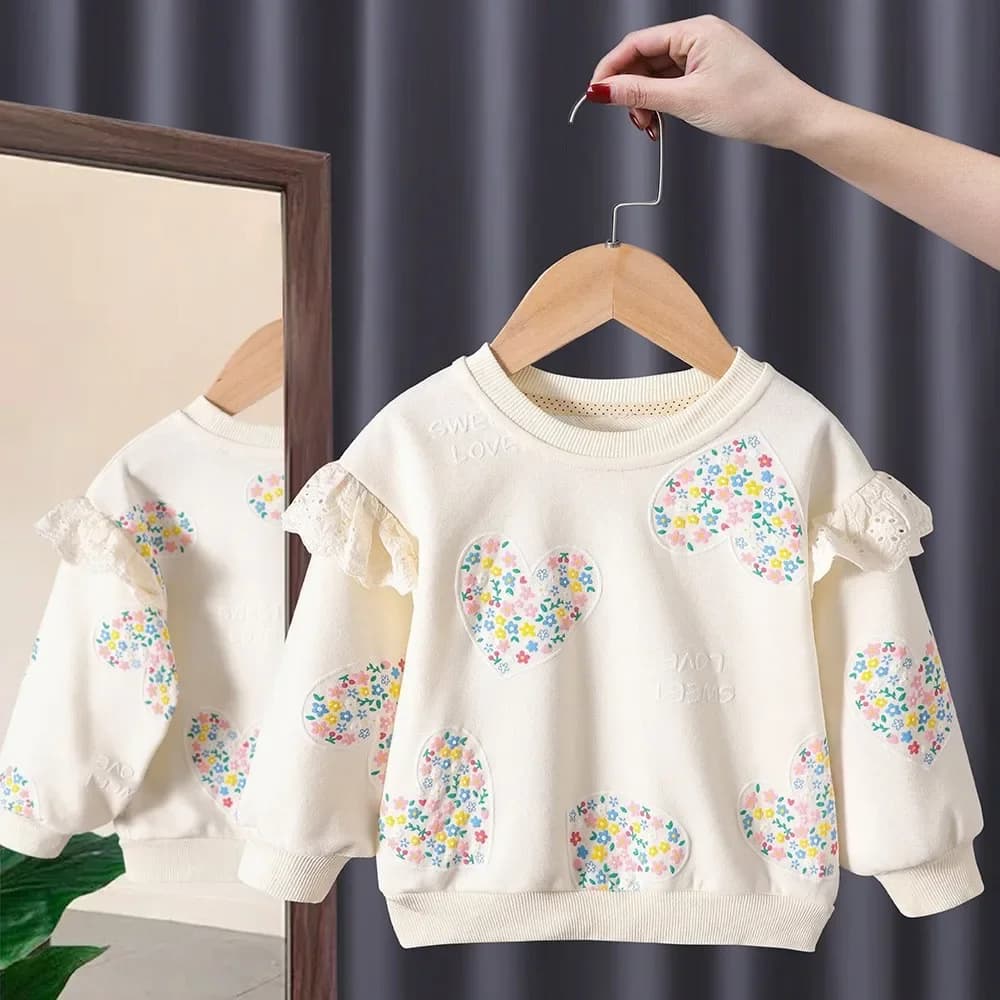 1-8years Floral Love Hoodie Cute Baby Long Sleeved T-shirt Children Clothes Tops girl's Sweatshirt Kids O-neck Pullover Blouse