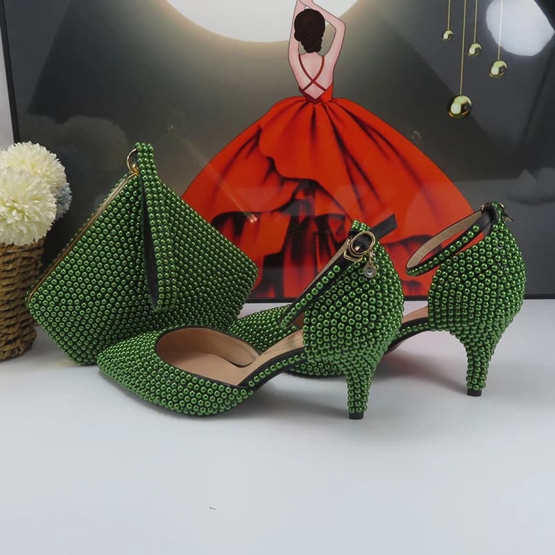 BaoYaFang New arrival Green Pearl Bridal shoes and Bag Set woman party dress shoes Big size ankle Strap Buckle Shoes High Pumps
