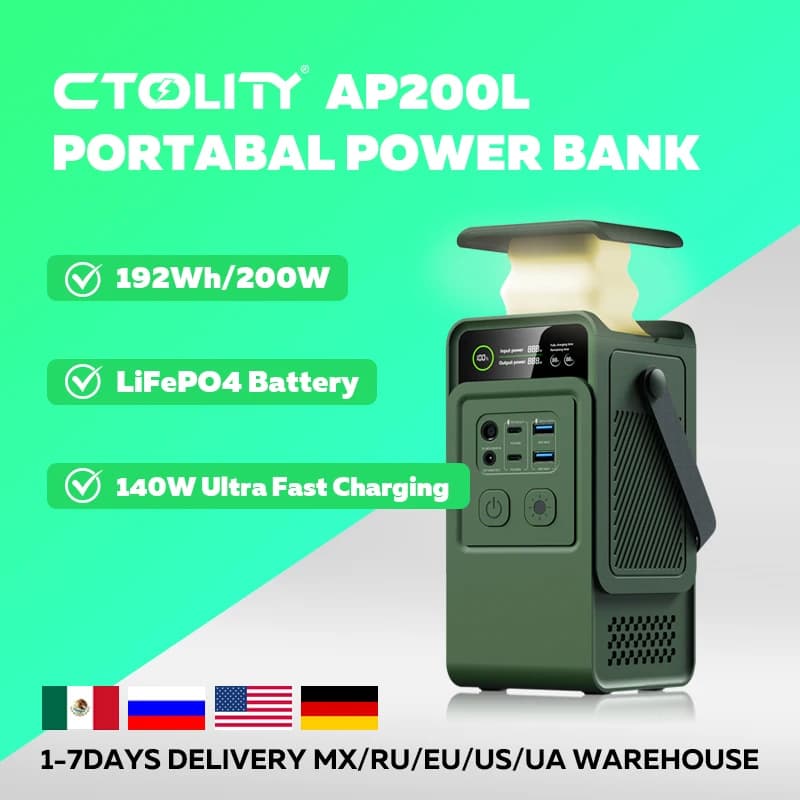 CTOLITY AP200L 200W Portable Power Bank 192Wh Camping LiFePO4 Battery PD3.1 140W Ultra Fast Charging DC Solar Supply Generator