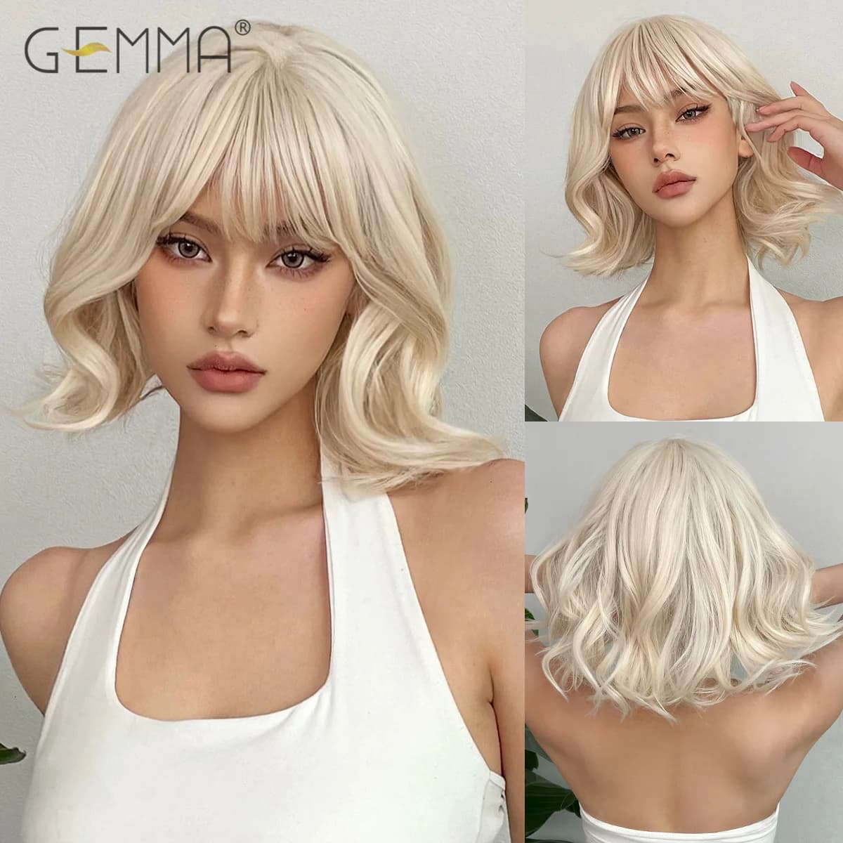 GEMMA Platinum Blonde Short Wavy Wig with Bangs Synthetic Bob Cosplay Lolita Natural Hair Wigs for White Women Heat Resistant