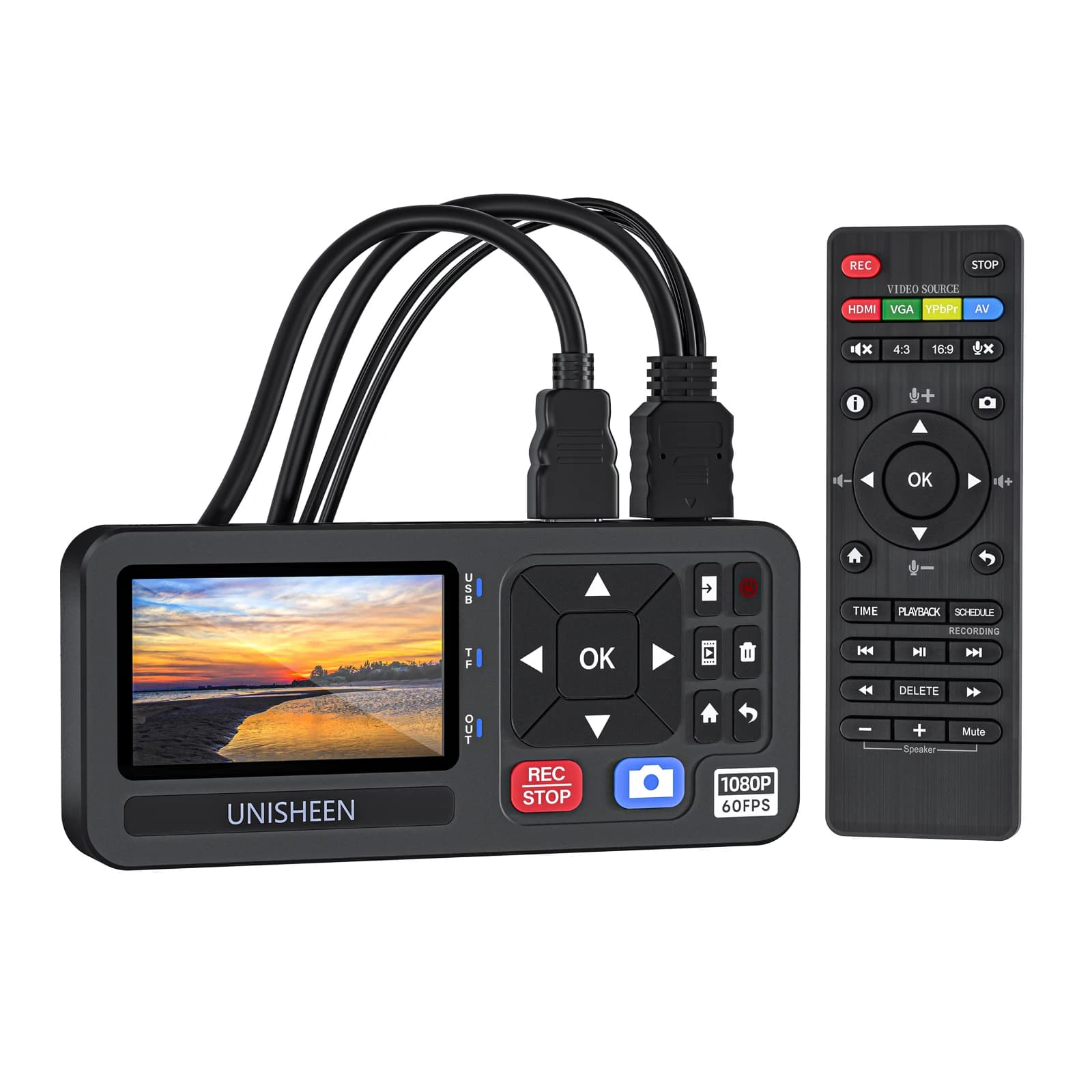 UNISHEEN HD Video Capture Box 1080P Video to Digital Converter with 3" Screen, 4K HDMI/CVBS/VGA/YPBPR Inputs Video Recorder