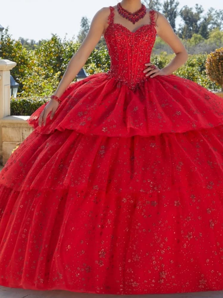 BA16 Customized Mexican Red Sweet 15 16 Girl Quinceanera Dresses V Neck Ball Gown 2 Piece Prom Occasion Homecoming Party Dress