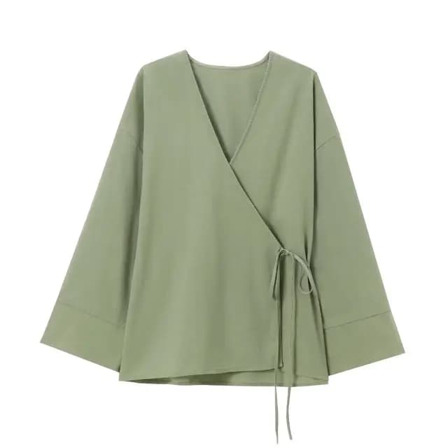 Spring and Autumn Loose Shirts New Women's Textured Kimono Style V-neck Tunic Multicolor Solid Color Simple Casual Jacket Coat