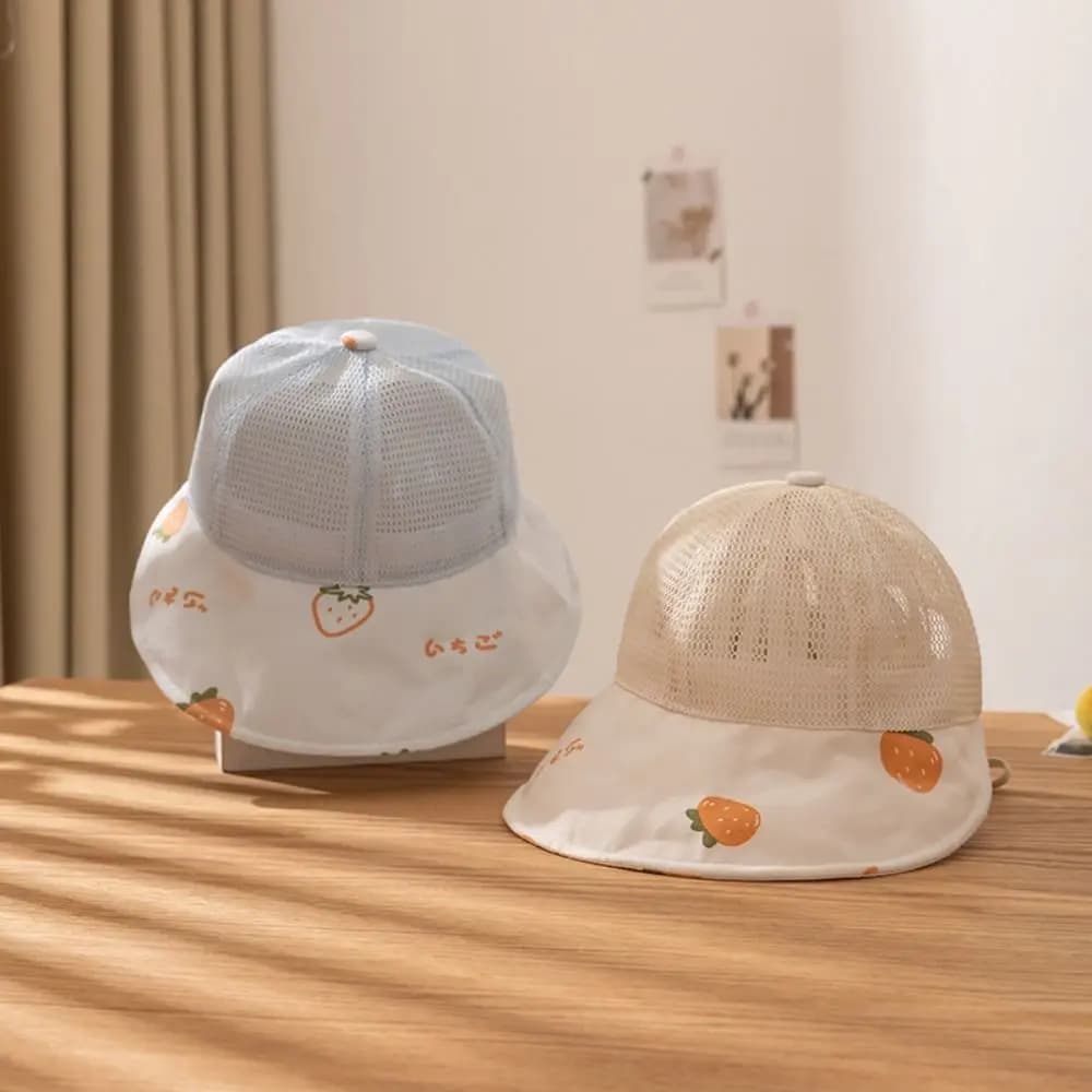 Cute Sun Hats Casual Summer Strawberry Print Sunscreen Cap Portable Mesh Visor Cap for Kids