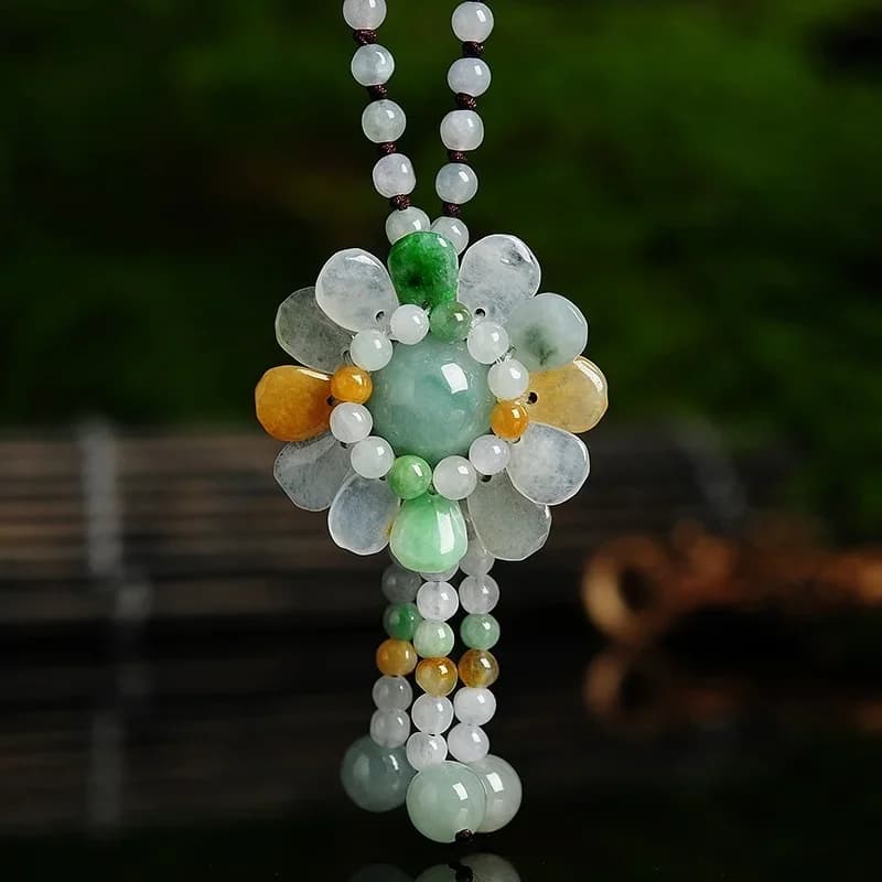 Certified Burmese Jade Sunflower Pendant Jadeite Emerald Beads Necklace Charm Jewellery Fashion Accessories Hand-Carved Amulet