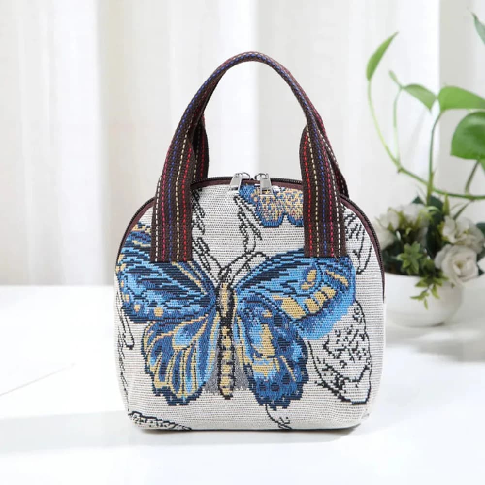 Butterfly Embroidery Top Handle Bag Small Phone Storage Purse Women's Woven Handbag With Zipper Canvas Handbag Canvas Bag