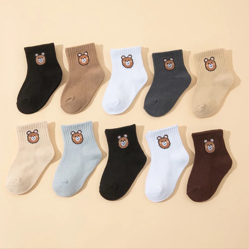 10 pairs  cute little bear casual short elastic mid-calf socks, baby socks, boys' socks, girls' socks, children's socks