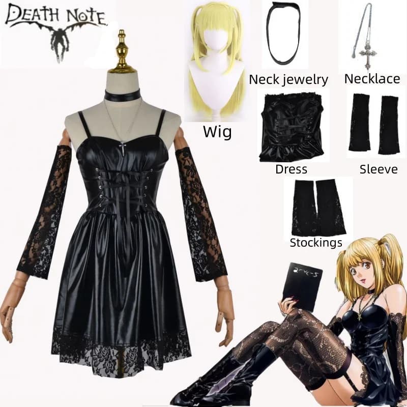 Misa Amane Death Note cosplay costumes Imitation Leather Sexy Dress Necklace Lace Sleeves Stockings Women Uniforms Anime Outfits