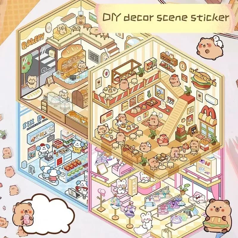 1 Set Cute Sweet Cartoon Landscaping Stickers Capybara Rabbit Bear Scene Sticker Student DIY Decor Visual 3D Scrapbook Sticker