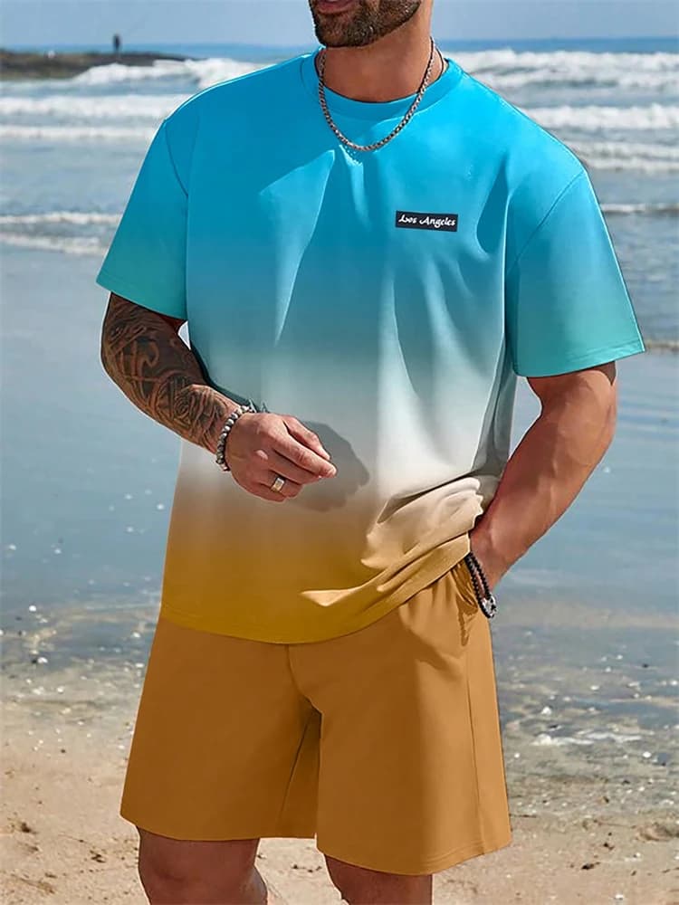 Summer Men's Suit Sportswear Fashion Casual Short Sleeve Vacation Style Gradient Printing Men's T-Shirt Shorts Suit Menswear