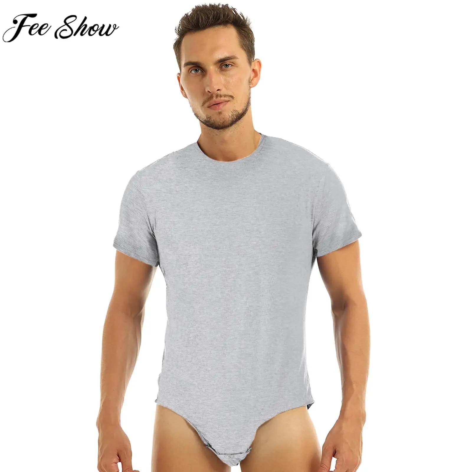 Mens One Piece Sleepwear Short Sleeve Solid Color Press Crotch Bodysuit Lingerie Nightwear Romper Pajamas Loungewear Homewear