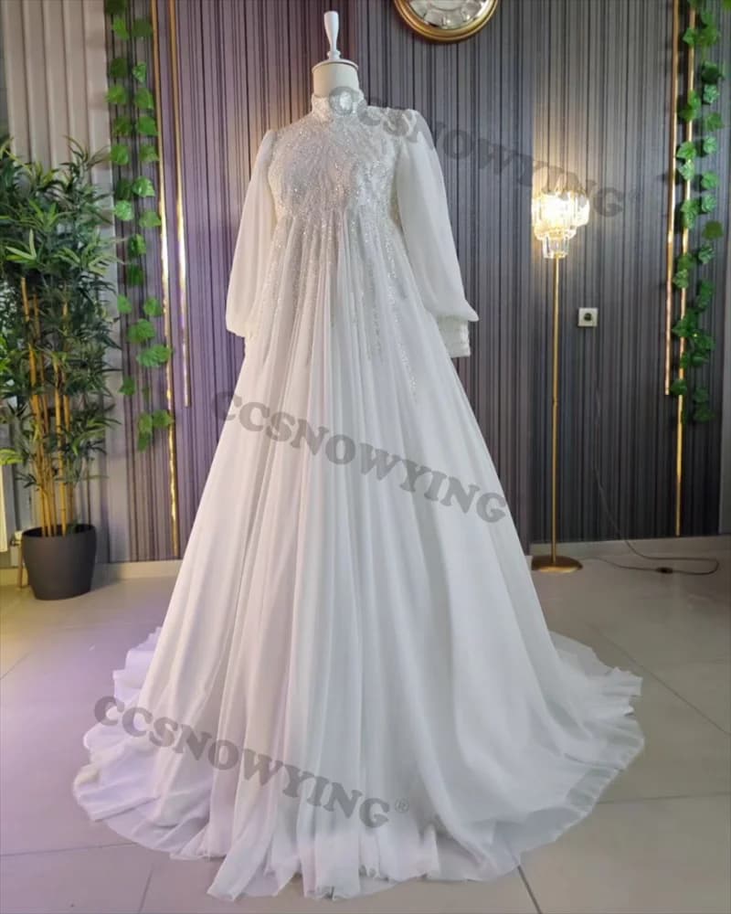 Elegant Chiffon Appliques Beaded Muslim Wedding Dress Long Sleeve Hijab Islamic Bridal Gowns Arabic Dubai Vestidos De Novia