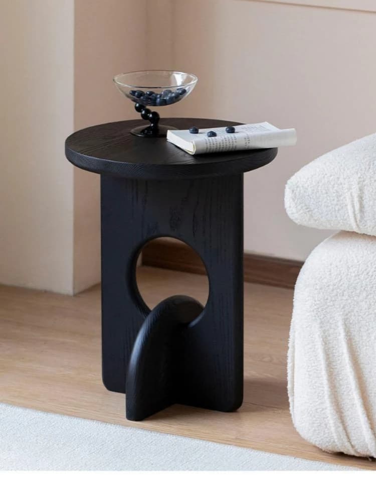Solid wood carbonized black circular balcony mini small unit coffee table