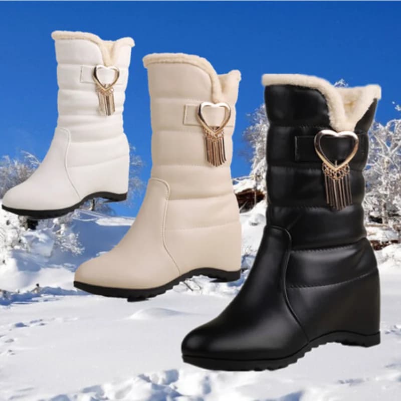 Fashion Women's Winter Fur Snow Boots Black White Mid-calf Boot Female Wedge Heels Decoration Footwear Shoes Ladies Large Size