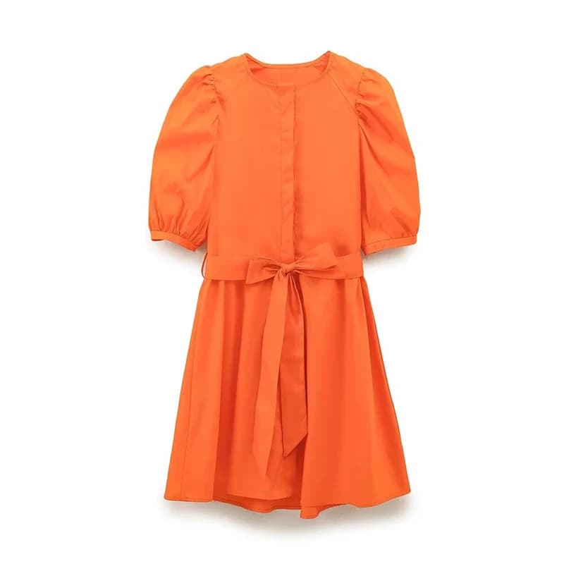 Holiday Summer Dresses 2024 For Women Vintage With Belt Round Neck Casual Shirt Dress  Orange Red  Short Vestidos