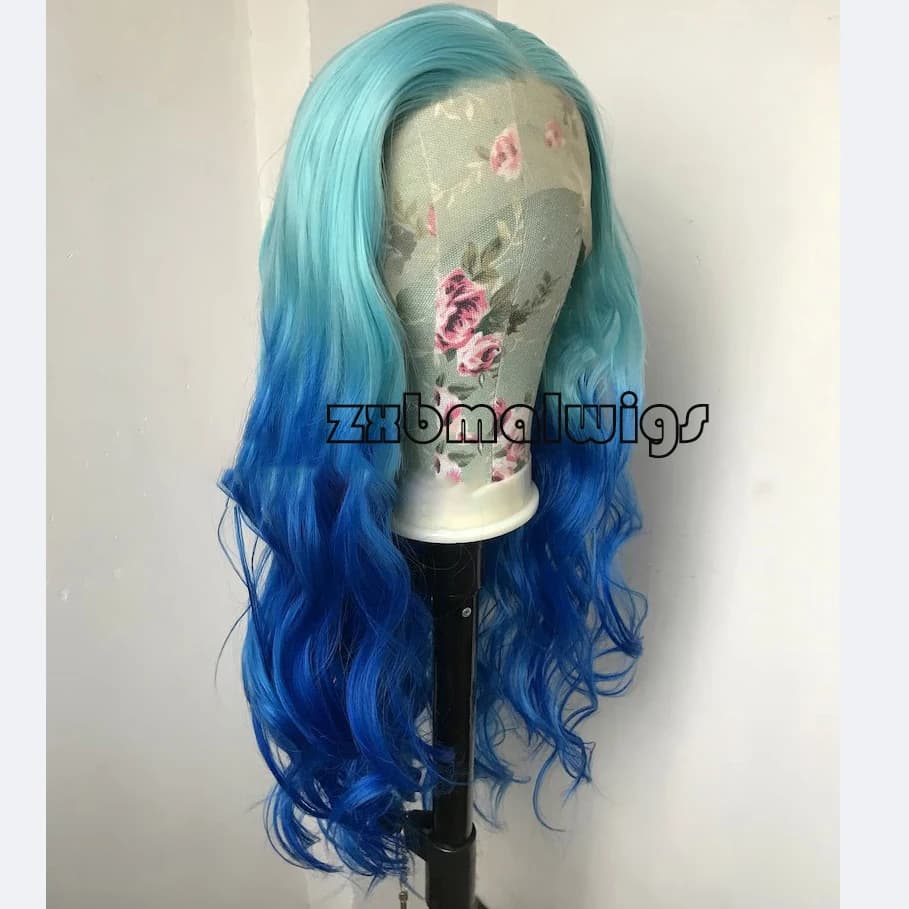 Ombre Blue Preplucked Wave Synthetic Hair Lace Frontal Wig For Women Glueless Fiber Hair Transparent Lace Wigs