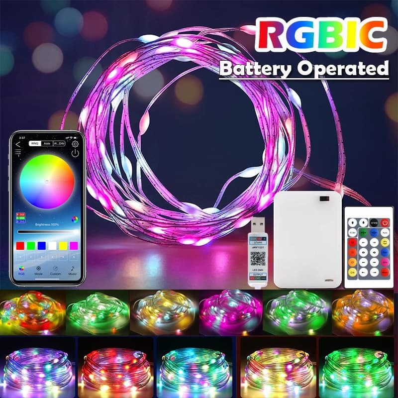 Bluetooth RGBIC LED String with Battery Operated Dreamcolor Smart Fairy Lights string Lights Battery Powered LED String for home