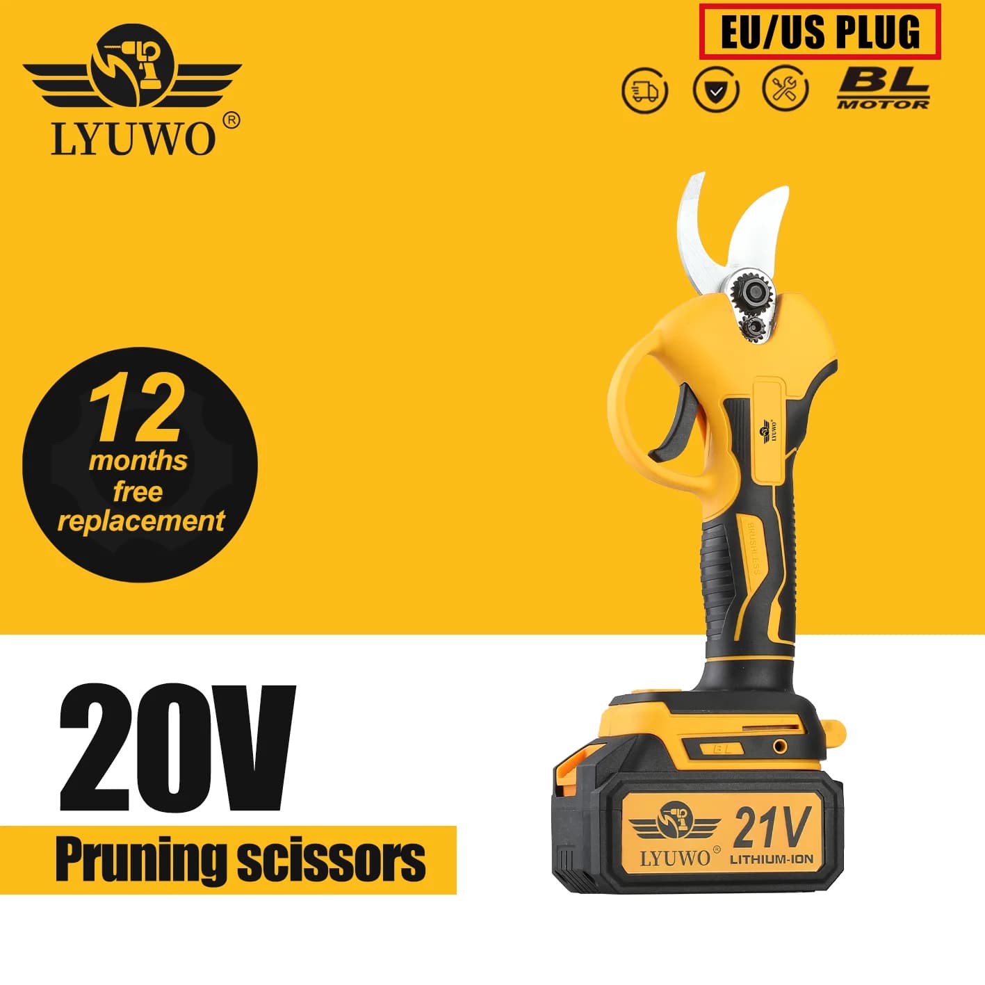 LYUWO Rechargeable Wireless Pruning Scissors, Fruit Tree Potted Pruning Electric Tool, 20V Brushless, 30mm