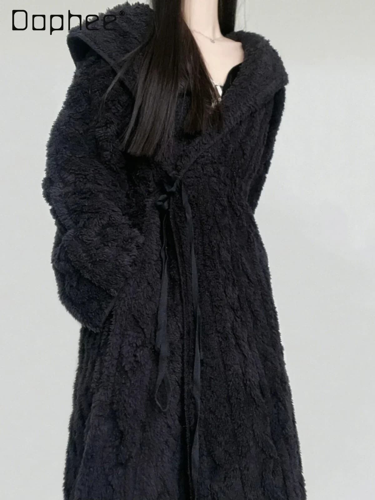 Black Coral Fleece Nightgown Hooded Women 2024 Winter Thickened Soft Lace Up Robes Pajamas Long Bathrobe Loungewear