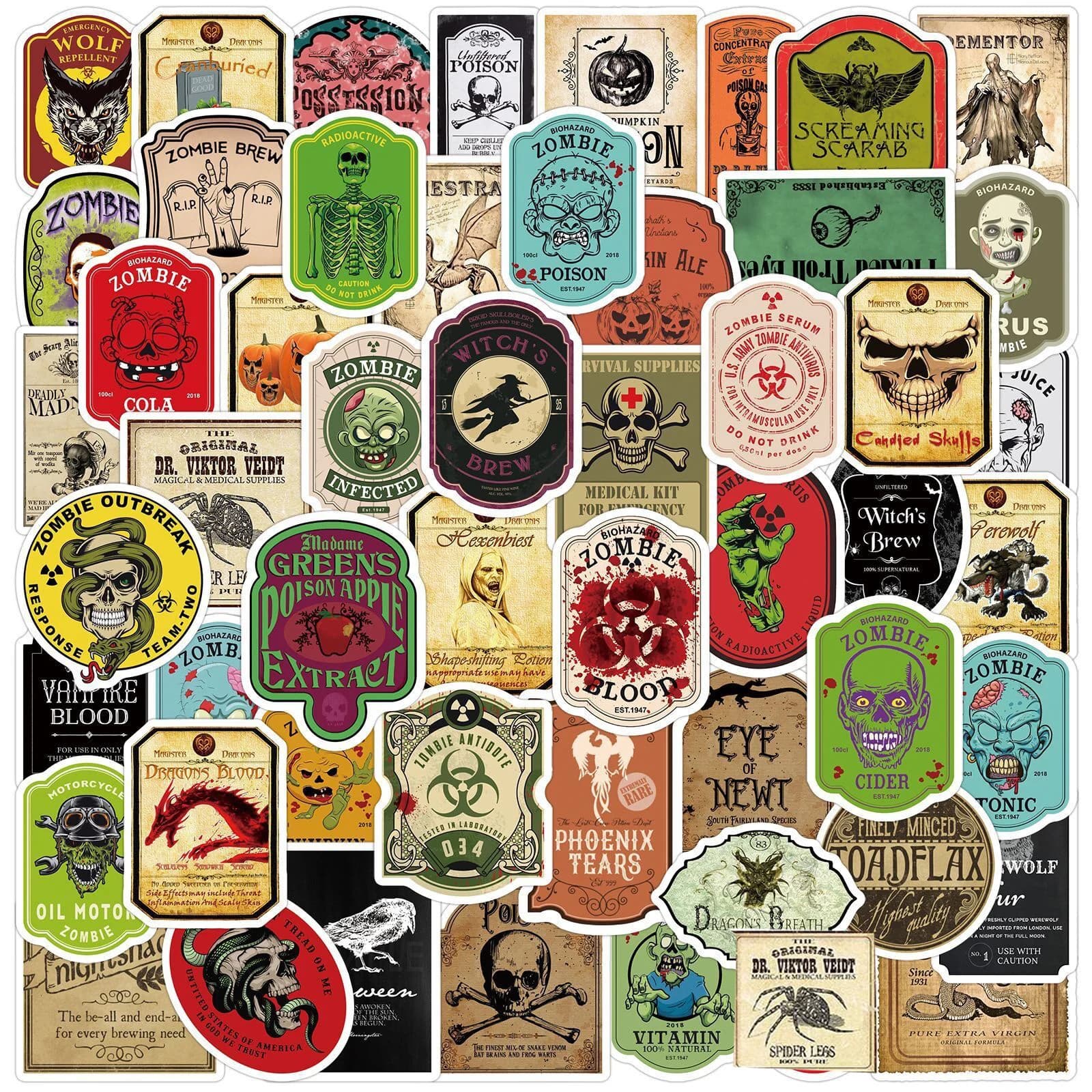 10/50/100pcs Vintage Halloween Zombie Potion Bottle Label Stickers Vinyl Decals Decoration DIY Car Motorcycle Luggage Sticker