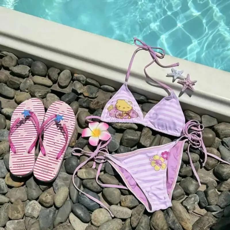 Miniso Lace-up Hellokitty Kawaii Bikini Sets Halter Striped Bra Underwears Y2k 2 Piece Swimsuits Lolita Pink Bathing Suit Girls