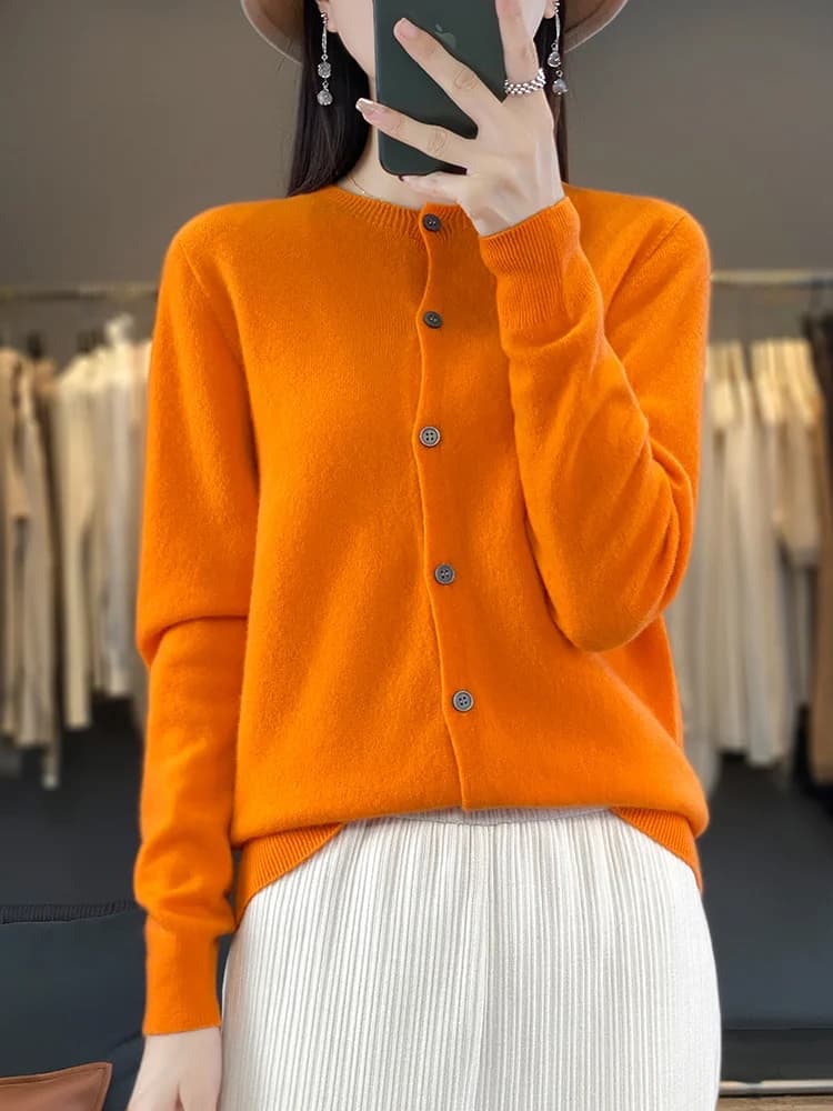 Women O-Neck Cashmere Cardigan 100% Merino Wool Sweater Basic Style  Buttoned Knitwear Female Casual Autumn Winter Soft Tops