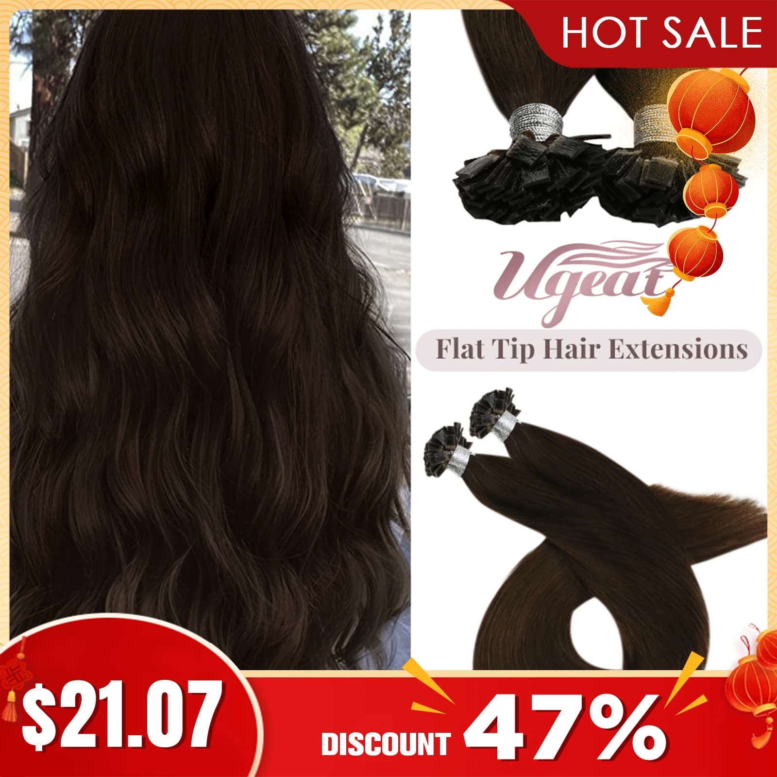 Ugeat Flat Tip Hair Extensions Human Hair Fushion Remy Hair 14-24" 50 Strands/Pack Natural Straight Keratin Hair Extensions