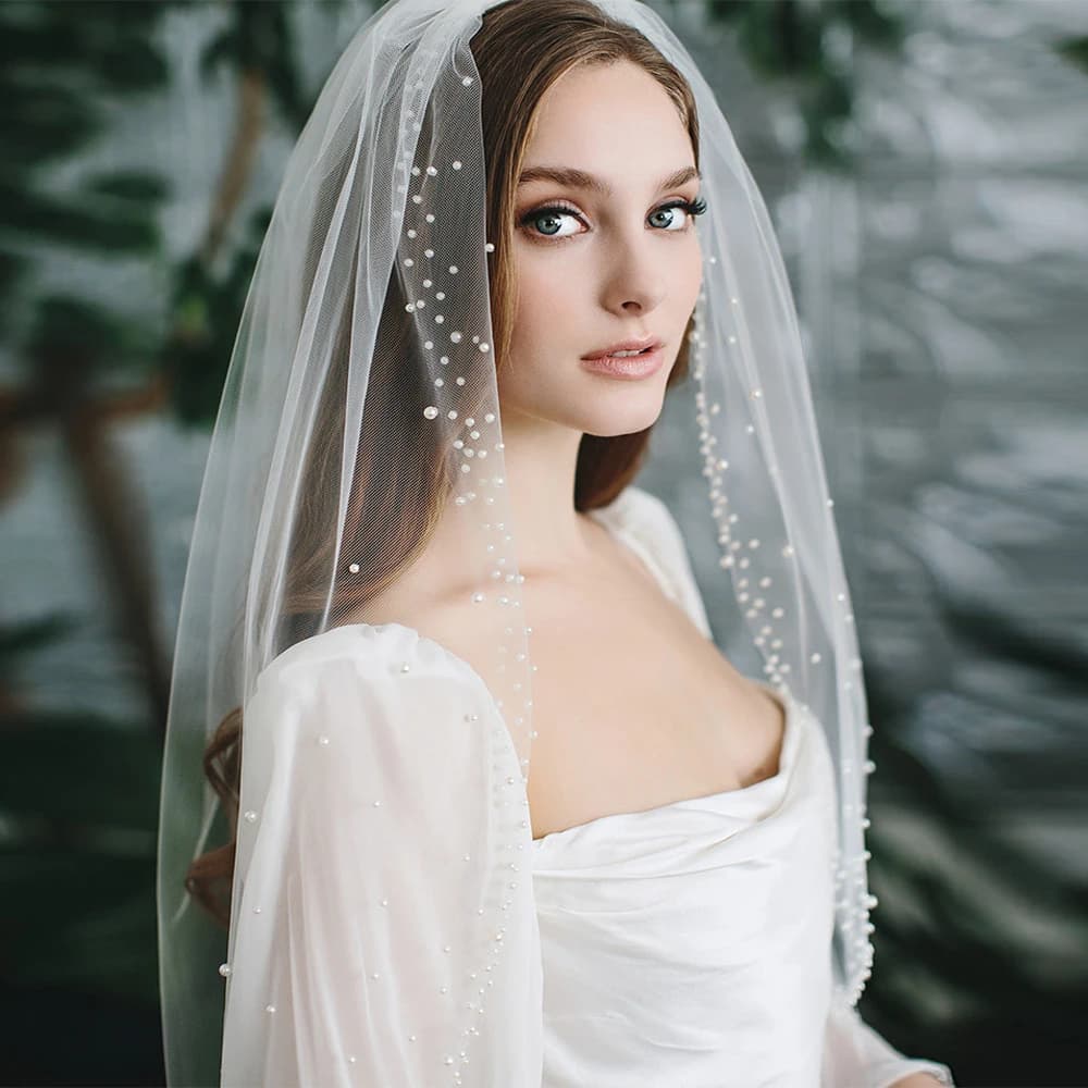 Pearls Bridal Veils Wedding Short Beaded Edge Veil 1 Tier Elbow Length with Comb Perfect Accessories for Wedding Brides VP84