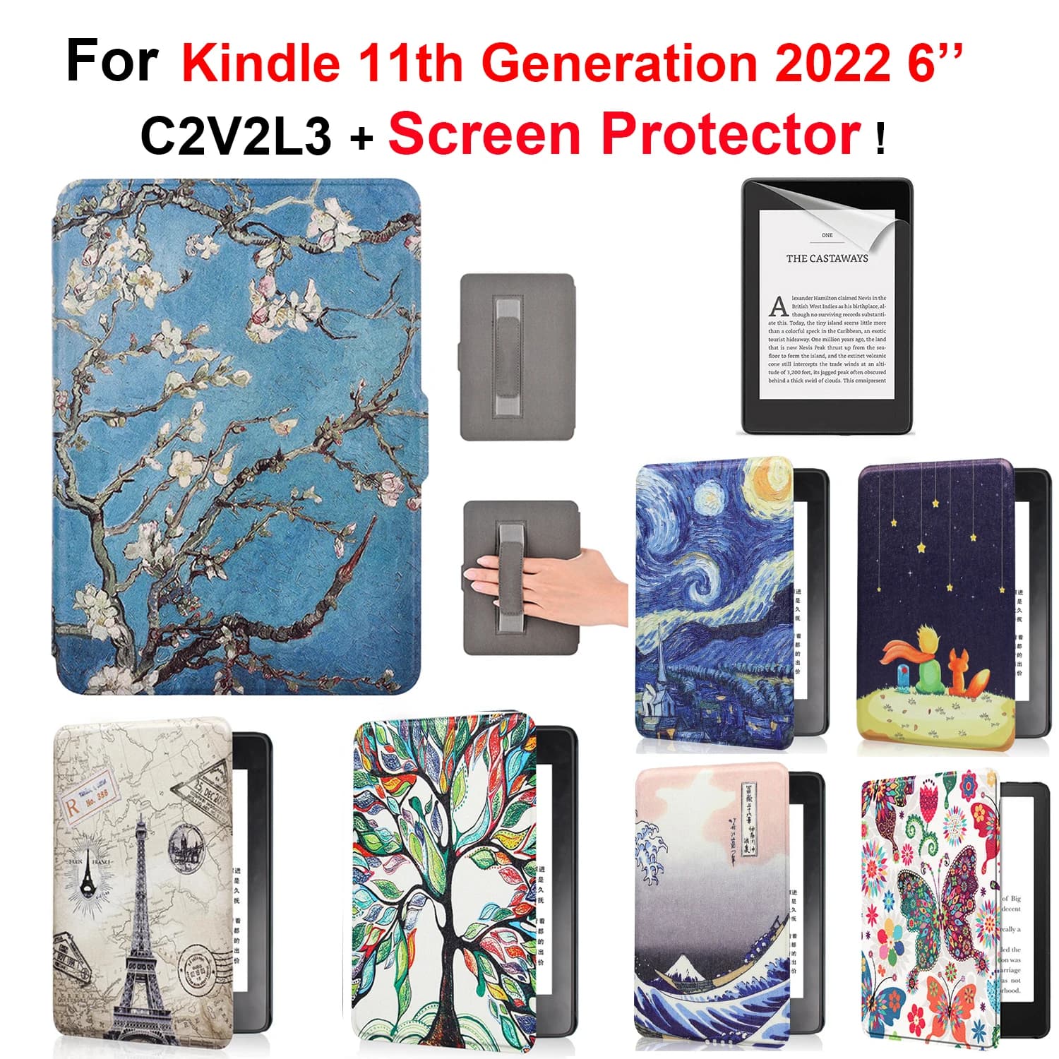 Leather Case for Kindle 11th Generation 2022 6 Inch C2V2L3 + Screen Protector Hand Strap Funda Ebook Auto Wake Sleep Smart Cover