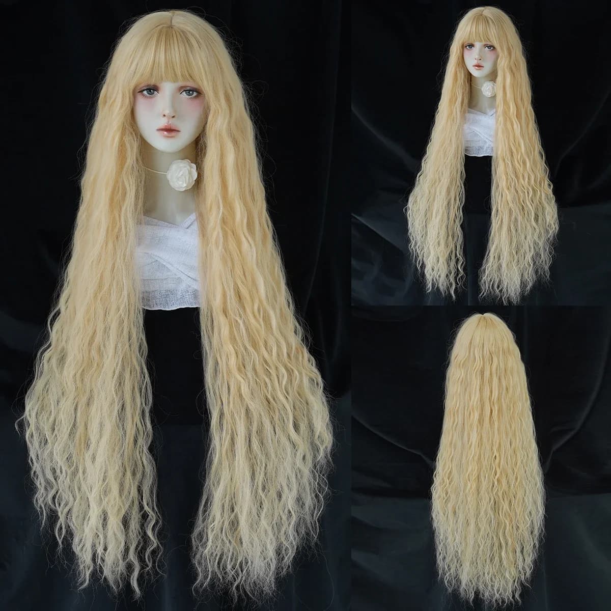 PARK YUN Extra Long Blonde Cosplay Wigs With Bangs Loose Long Curly Blonde Lolita Wig Synthetic Heat Resistant  Wig 44 Inch