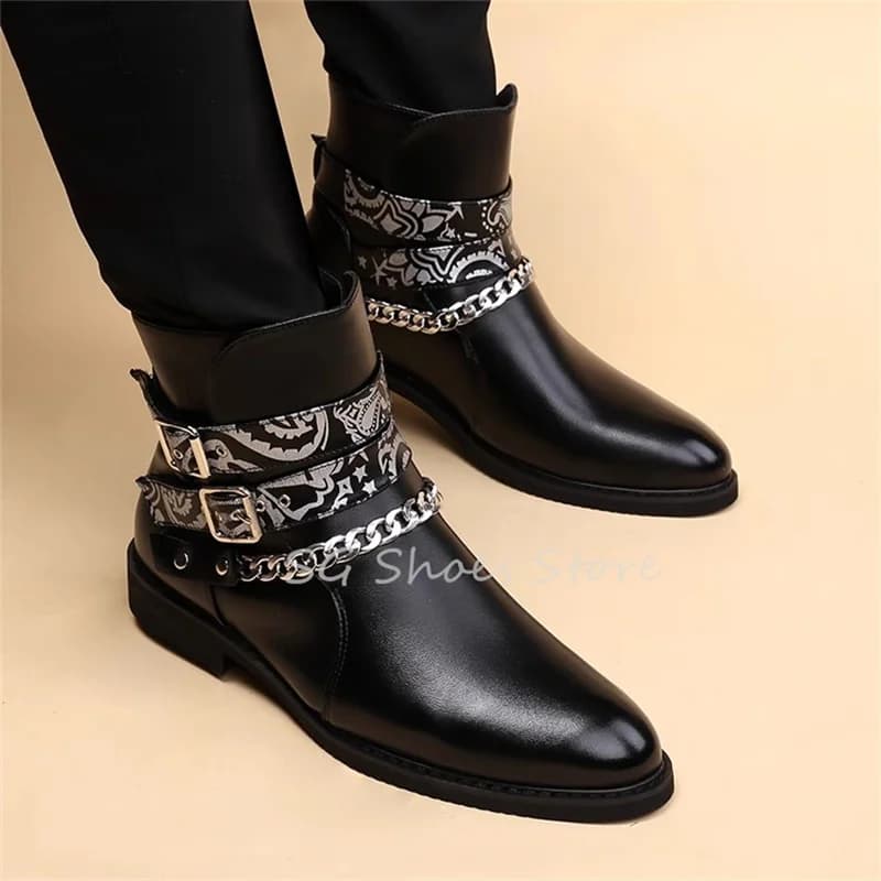 Punk Metal Chain Pointed Toe Chelsea Boots for Men High Top Soft Bottom Height Increasing Boots Male Outdoors Leisure Shoes