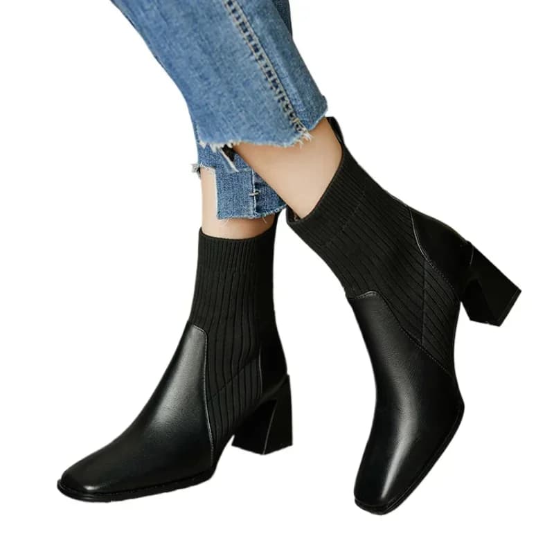 Shoes for Women Fashion Knitted Ankle Women's Boots Winter Modern Boots Women Solid Slip-on Square Toe Heeled Female Shoes 9068