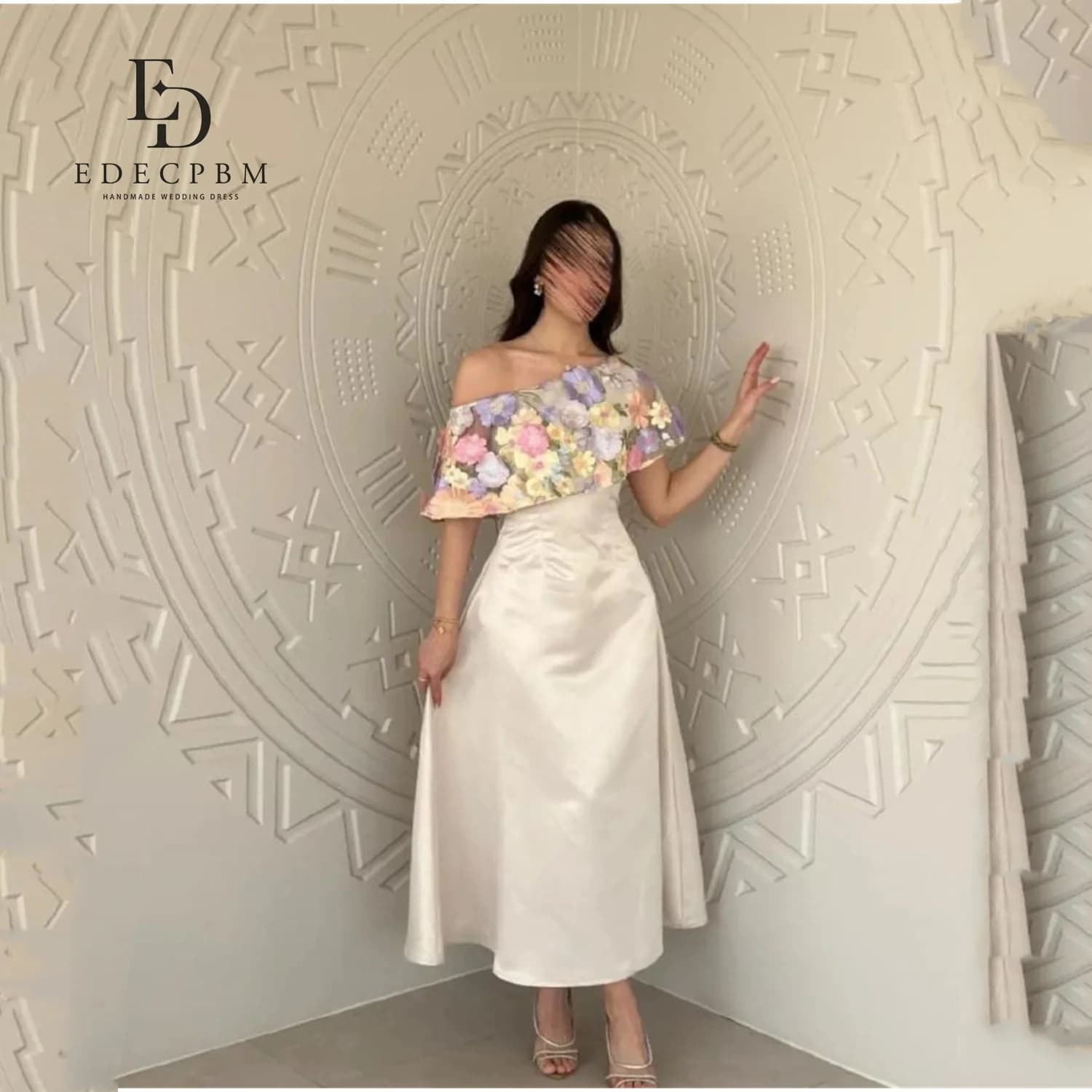 EDECPBM Party Dresses for Special Occasions Customized Satin 3D Flowers Wedding Party Dress Off-shoulder Women's Evening Dress