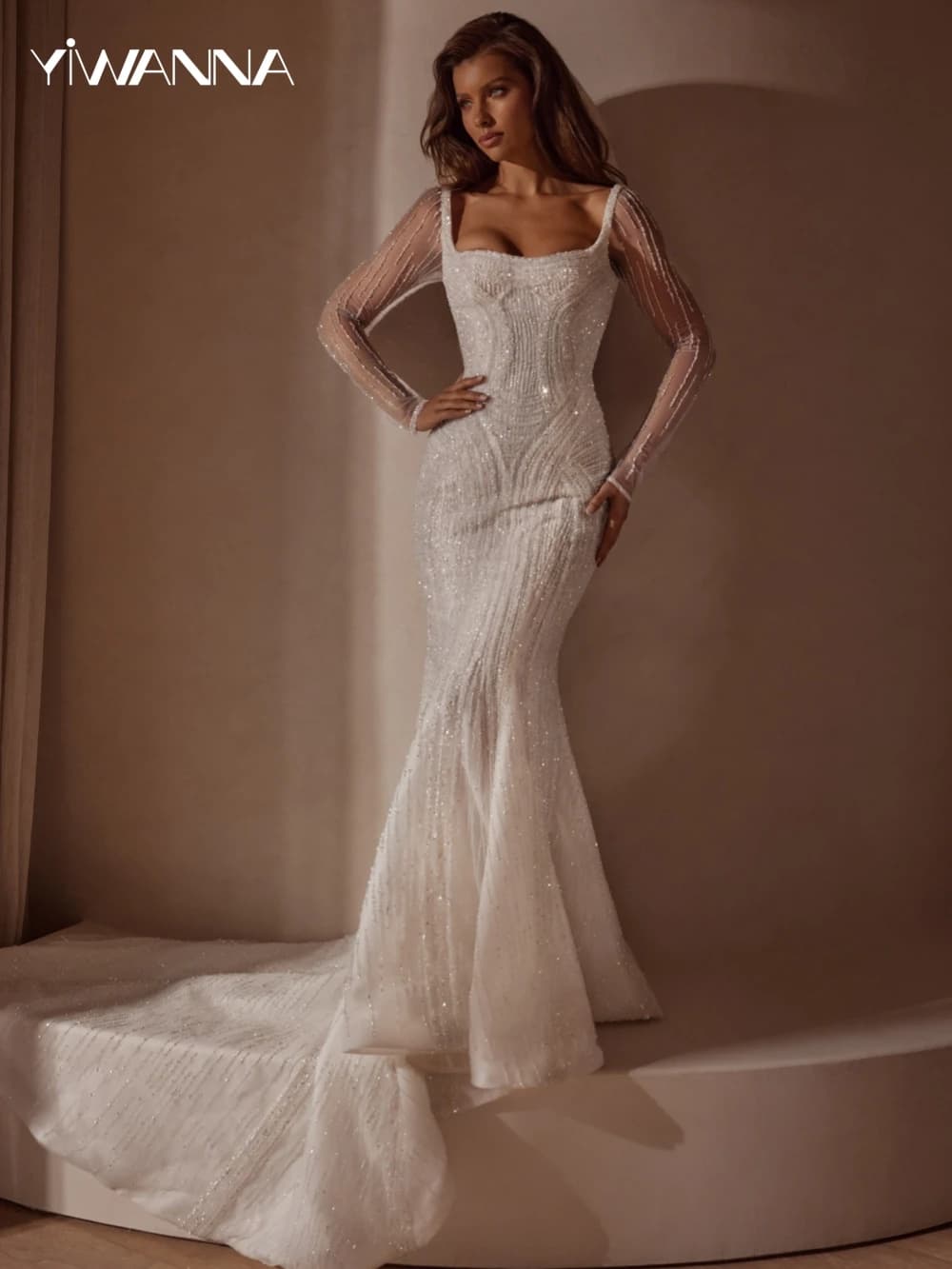 2025 Exquisite Mermaid Long Bridal Dress Embroidery Beads Sequin Wedding Gown Square Neck Bride Robe Customized Vestido De Novia