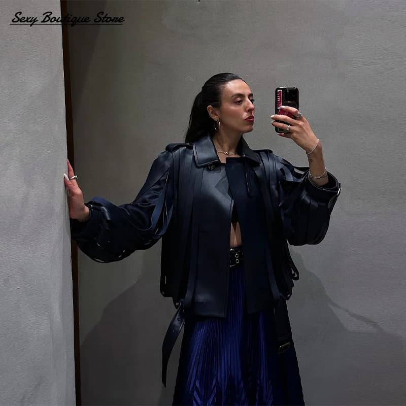 Women's Autumn Winter High Street Pu Leather Jacket Long Sleeve Lapel Single Breasted Leather Coat Pocket Commuter Outwear 2025