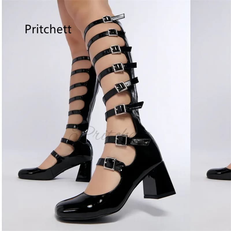 Roman High Boots for Women Fashion Breathable Round Toe Sandals Summer Hollowed Out Belt Buckle Chunky Heels Women's Boots