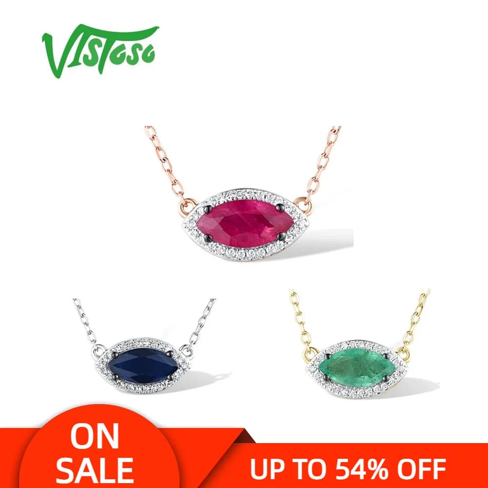 VISTOSO Pure 14K 585 Yellow White Rose Gold Necklace For Women Shiny Blue Sapphire Ruby Emerald Trendy Chic Gifts Fine Jewelry