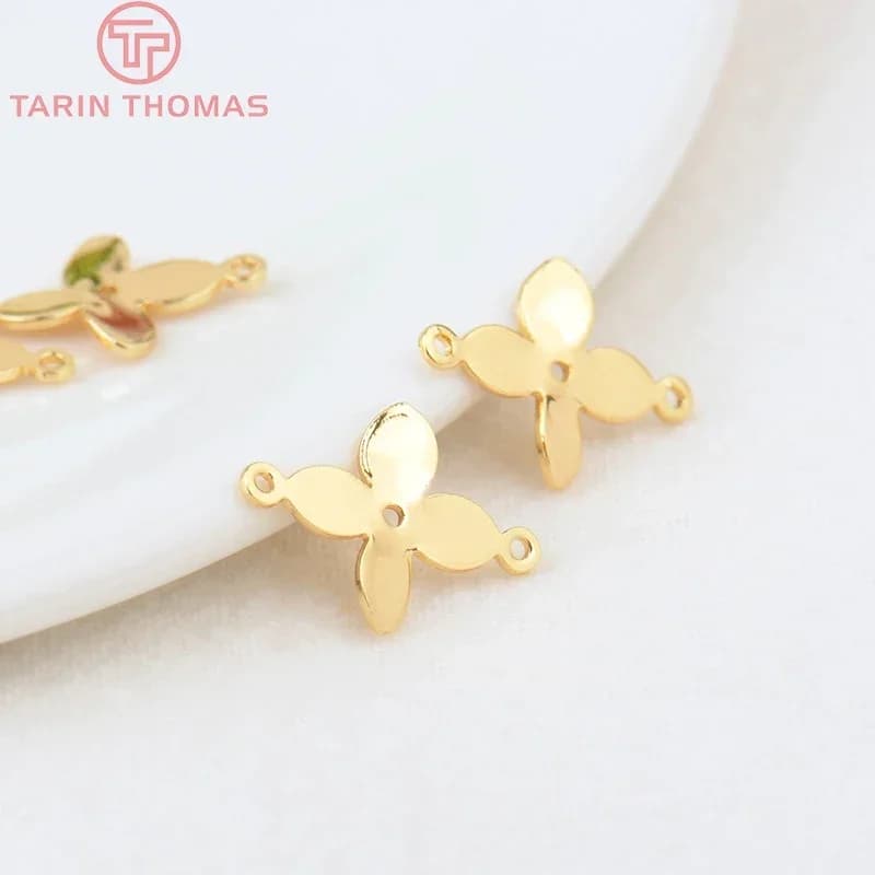 (2039)20PCS 11x15MM Hole 0.5MM 24K Gold Color Plated Brass 2 Holes Flower Connect Charms High Quality Diy Jewelry Accessories