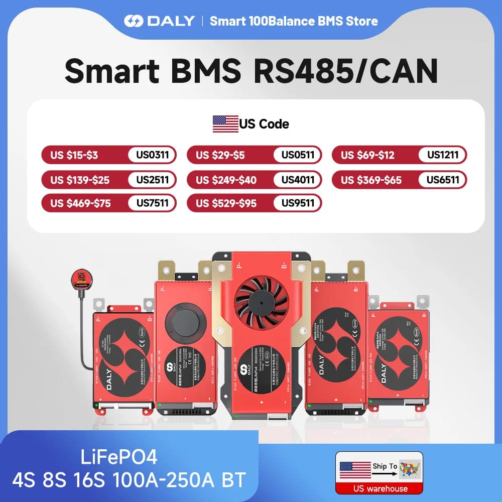 Daly Smart BMS for LifePo4 4S 12V 16S 48V 100A 200A 250A WIFI RS485 CANBUS Communication Solar Battery Wide Application