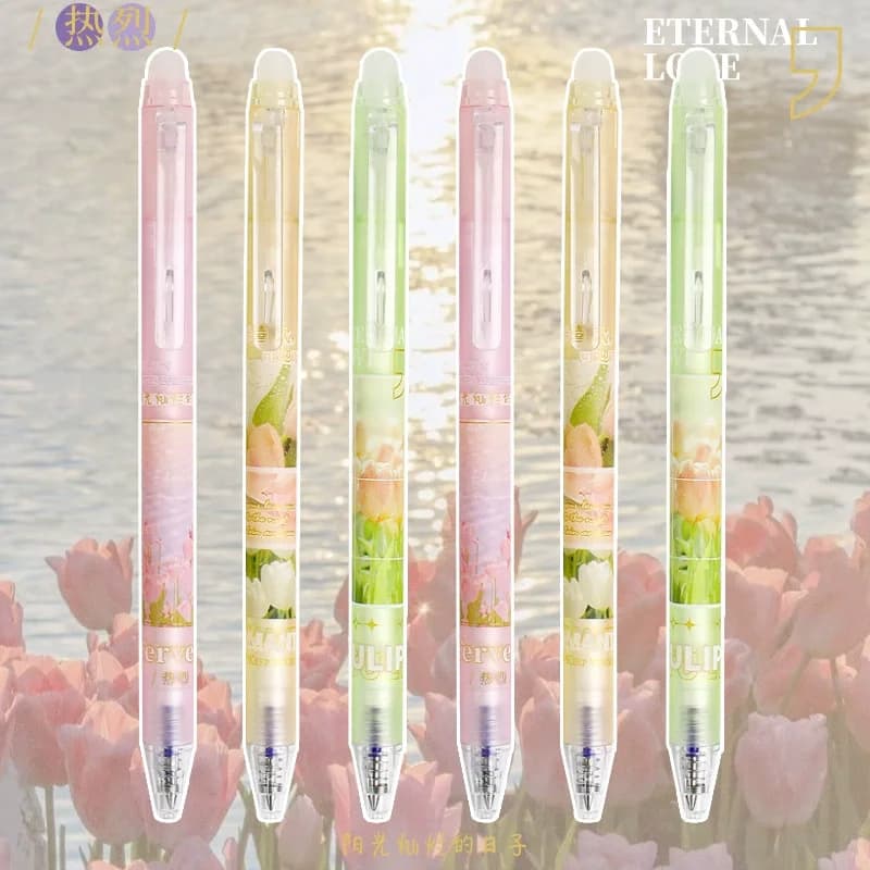 6Pcs/box INS Aesthetic Flower Sea of Tulip Erasable Gel Pen 0.5mm Blue/black Ink Writing Pen for Girl Stationery School Supplies