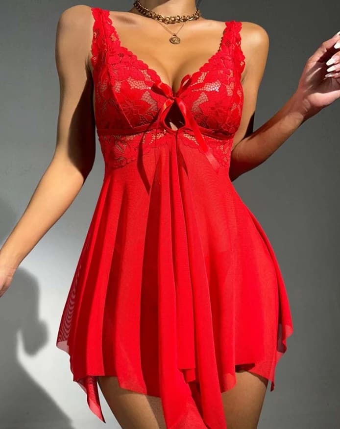 Fashionable Dress V Neck Contrast Lace Spaghetti Strap Babydolls Sexy See Rhrough Sheer Mesh Sleep Dress Elegant Dress for Women
